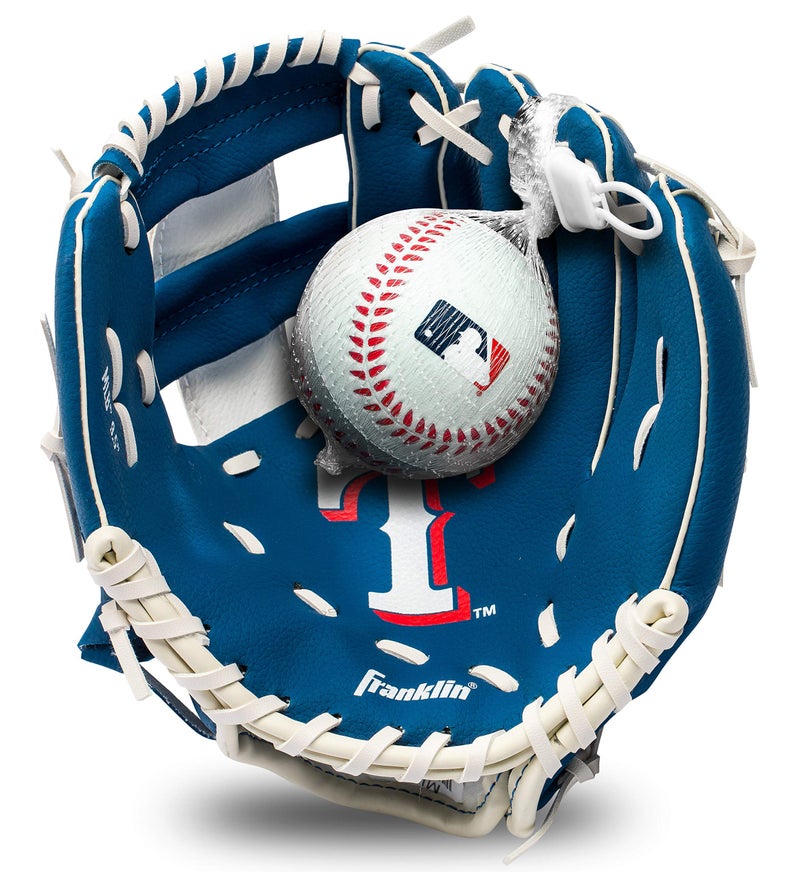 Franklin Sports مجموعة قفاز وكرة تيبال من فرانكلين سبورتس MLB للأطفال - قفاز وكرة بيسبول وتيبال للأطفال من تكساس رينجرز - قفاز مثالي للأطفال - 9.5" - Image 1